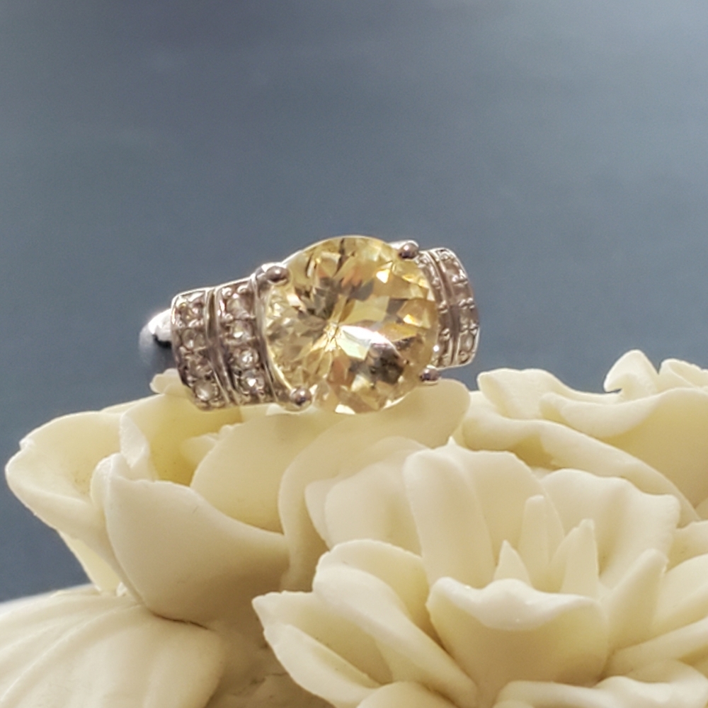 Sterling Citron Feldspar and White Topaz Ring size 6.75-7 (See pics/description)